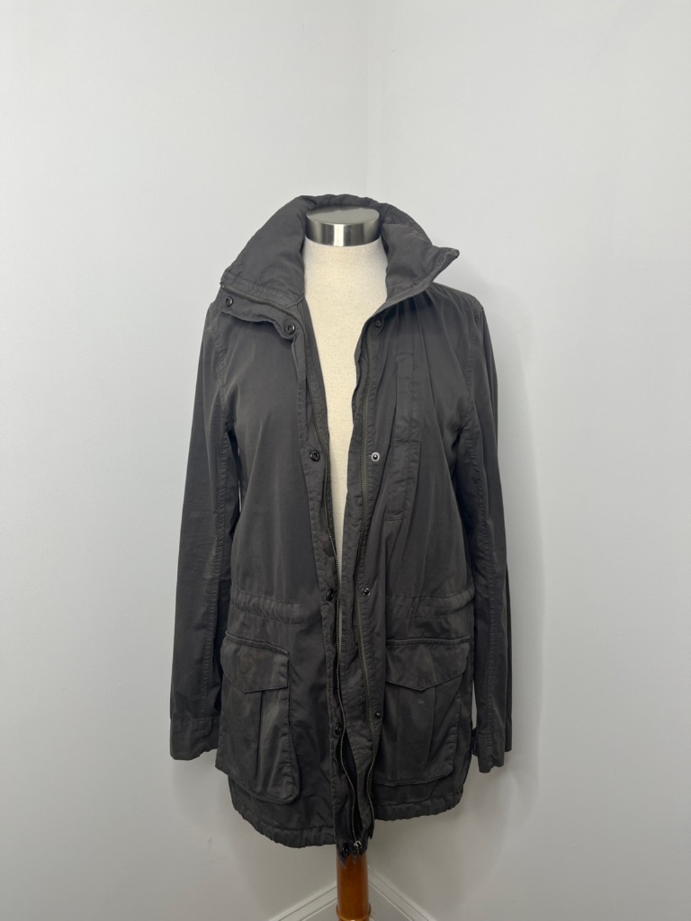 James Perse Charcoal Utility Jacket w/ Hidden Hood Sz 2